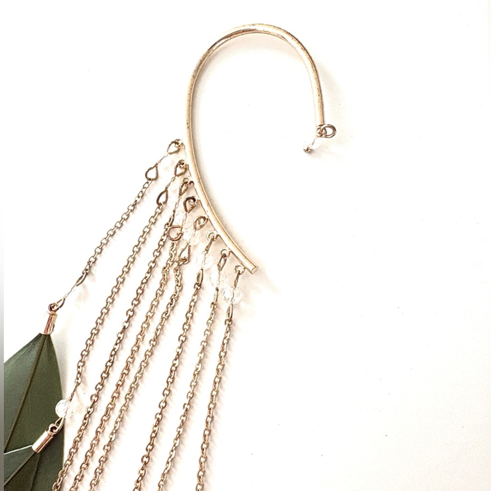 Green Feather Bejeweled Ear Cuff, Gold Hardware - Picture 3 of 5